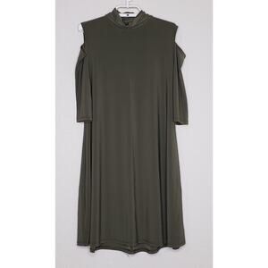 Clara Sun Woo Swing Dress XS Green 3/4 Cold Shoulder Mock Neck Knee Length